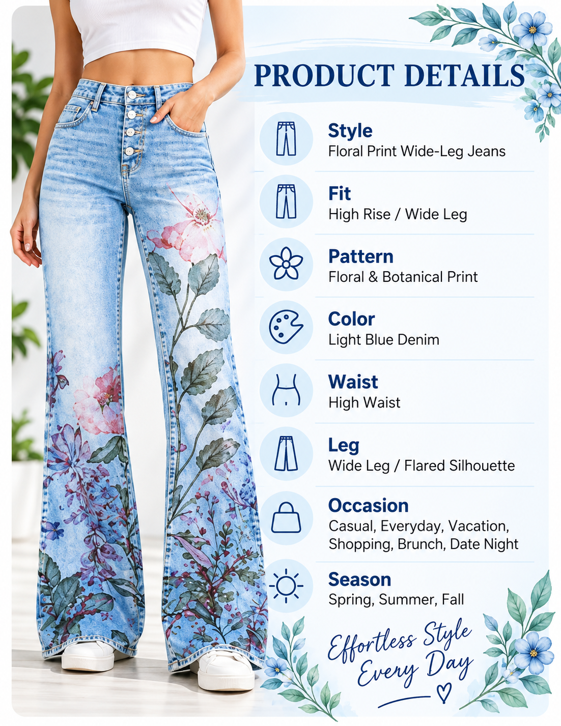 Floral Print Wide-Leg Jeans for Women